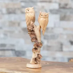 Hand-Carved Parasite Wood Owls on Branch Sculpture