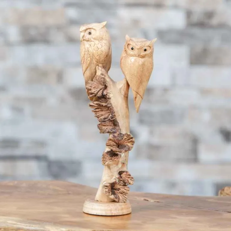 Hand-Carved Parasite Wood Owls on Branch Sculpture