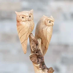 Hand-Carved Parasite Wood Owls on Branch Sculpture