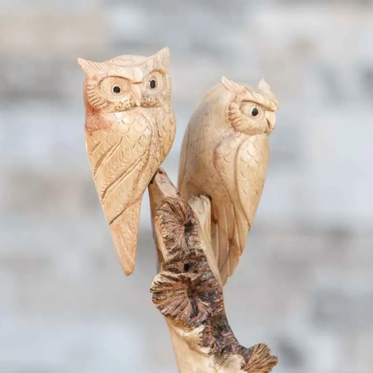 Hand-Carved Parasite Wood Owls on Branch Sculpture