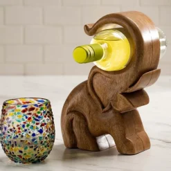 Hand-Carved Wooden Elephant Wine Bottle Display