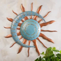 Handcrafted Blue and Copper-Colored Recycled Metal Moon and Sun Wall Art