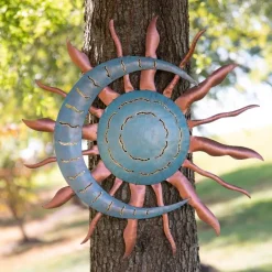 Handcrafted Blue and Copper-Colored Recycled Metal Moon and Sun Wall Art
