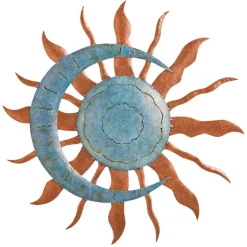 Handcrafted Blue and Copper-Colored Recycled Metal Moon and Sun Wall Art
