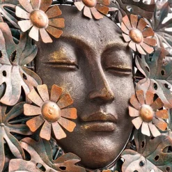Handcrafted Forest Woman Face Surrounded by Metal Leaves and Flowers Wall Art