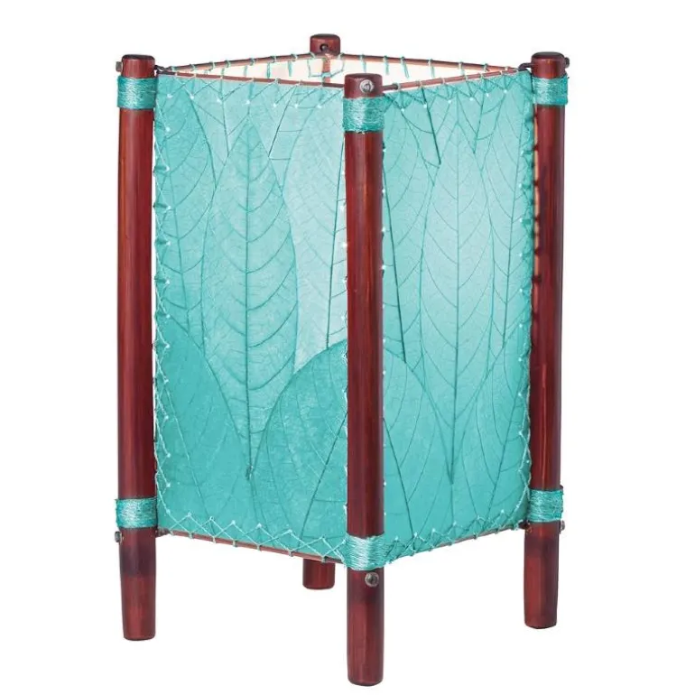Handcrafted Rattan and Cocoa Leaves Table Lamp - Blue