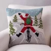 Hand-Hooked Wool Santa on Bike Pillow, 18" sq.