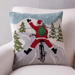 Hand-Hooked Wool Santa on Bike Pillow, 18" sq.