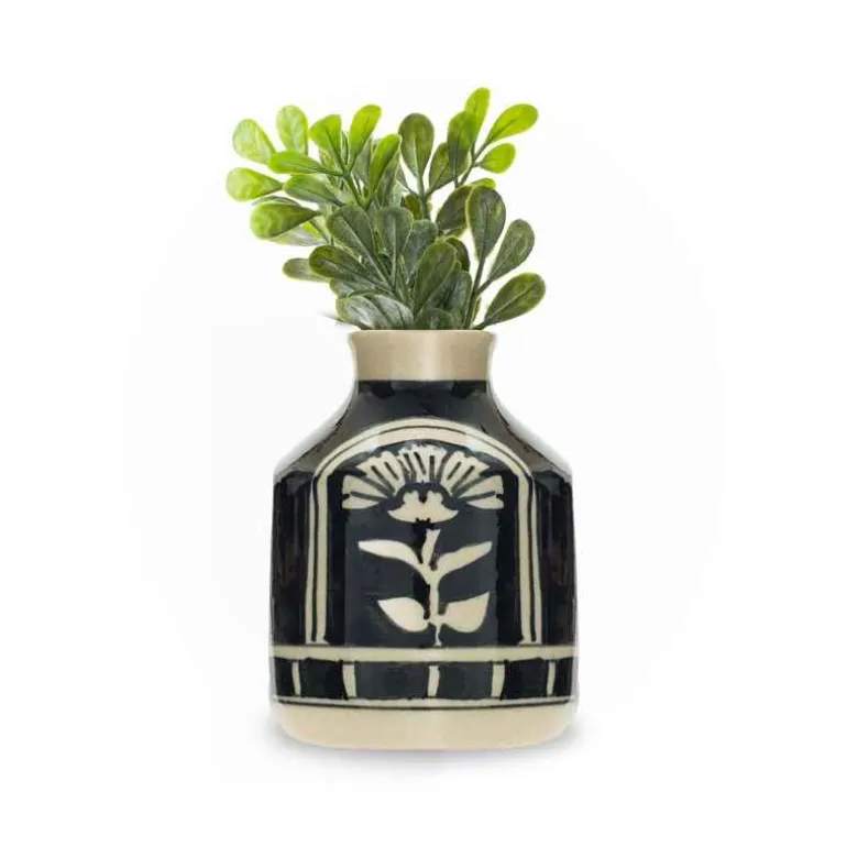 Hand Painted Black Floral Ceramic Vase, Small