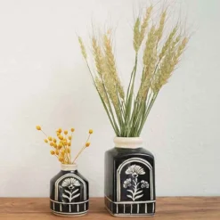 Hand Painted Black Floral Ceramic Vase, Large