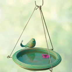 Hanging Birdbath with Perched Bird (teal)