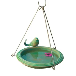 Hanging Birdbath with Perched Bird (teal)