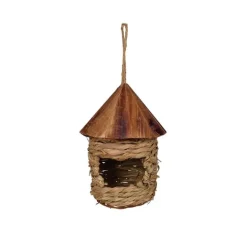 Hanging Grass Twine Roosting Pocket Birdhouse with Cedar Wood Roof