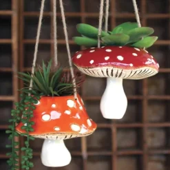 Hanging Toadstool Ceramic Planters, Set of 2