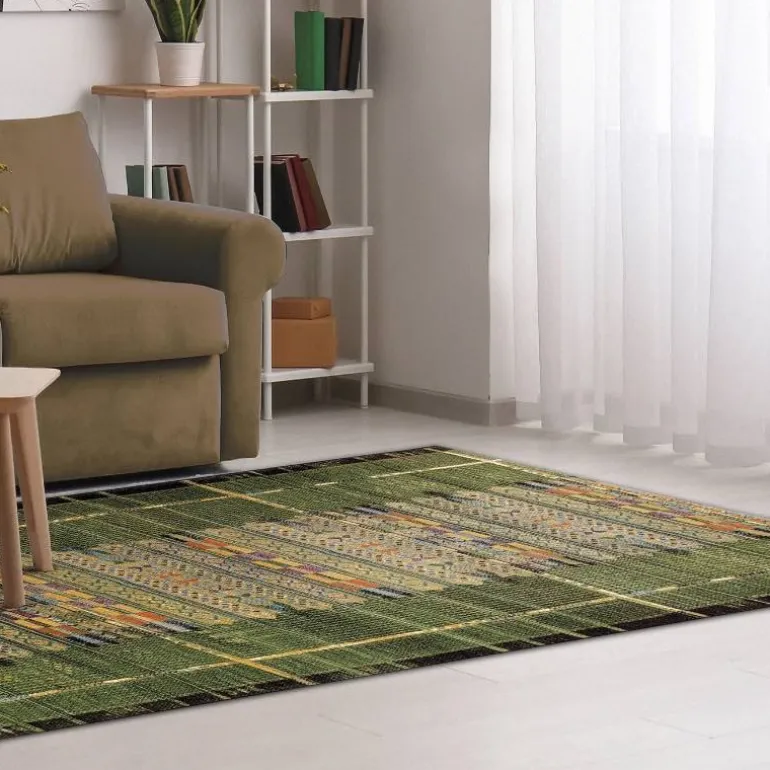 Indoor/ Outdoor Marina Tribal Stripe Green Rug, 5' x 7'