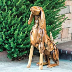 Indoor/ Outdoor Teak Sitting Dog Sculpture