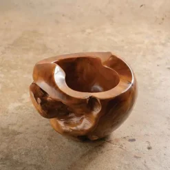 Large Distressed Round Teak Wood Vase