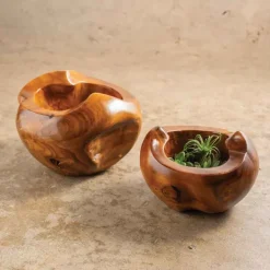 Large Distressed Round Teak Wood Vase