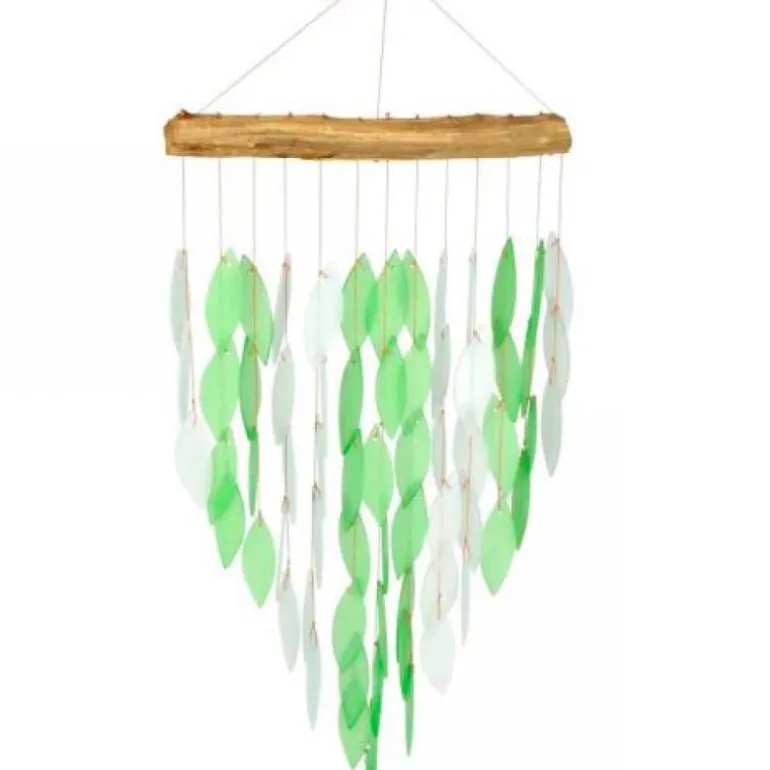 Large Glass Leaves on Driftwood Chime - Green