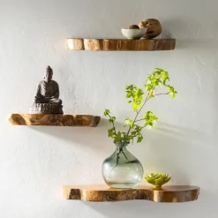 Live Edge Teak Floating Shelves, Set of 3
