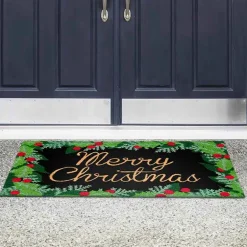 Merry Christmas Holly Coir Doormat