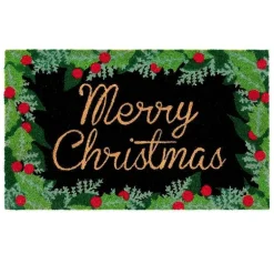 Merry Christmas Holly Coir Doormat