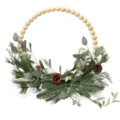 16" Modern Glitter Wreath with Wood Balls, Pine & Eucalyptus