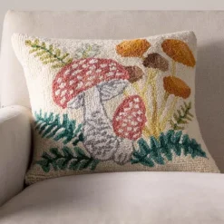 Mushroom Hand-Hooked Wool Decorative Throw Pillow