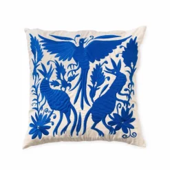 Otomi Mexican Embroidered Animal Stitched Pillow Cover, Blue Phoenix