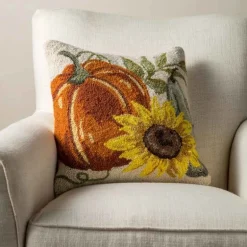 Pumpkin and Sunflower Hand-Hooked Pillow, 16" sq.