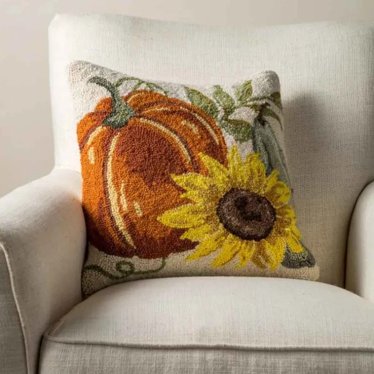 Pumpkin and Sunflower Hand-Hooked Pillow, 16" sq.