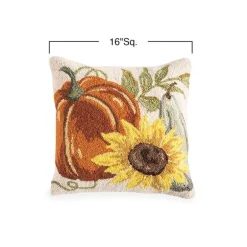 Pumpkin and Sunflower Hand-Hooked Pillow, 16