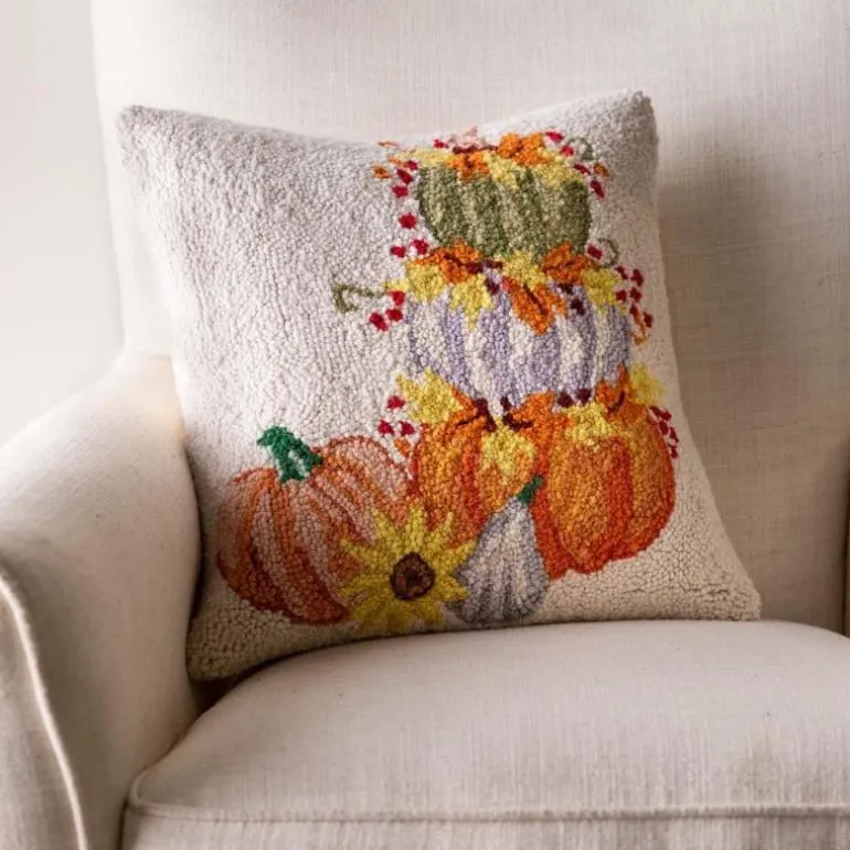Pumpkin Cairn Hand-Hooked Wool Decorative Throw Pillow, 16"Sq.