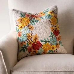Pumpkin Wreath Hand-Hooked Wool Throw Pillow, 16" sq.