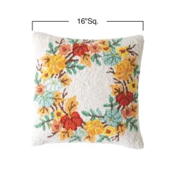 Pumpkin Wreath Hand-Hooked Wool Throw Pillow, 16