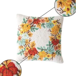 Pumpkin Wreath Hand-Hooked Wool Throw Pillow, 16