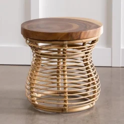 Rattan and Wood Side Table