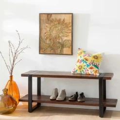 Reclaimed Wood and Metal Bench with Shelf