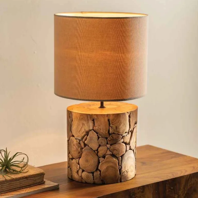 Round Teak Wood Slice Table Lamp