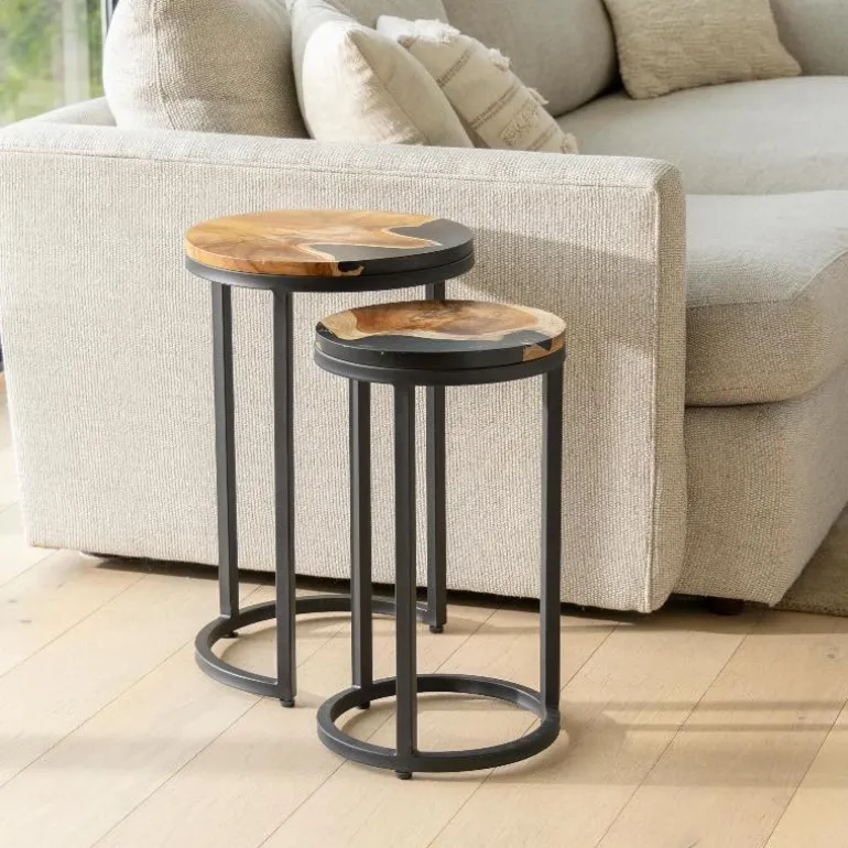 Round Wood Wave Nesting Tables, Set of 2