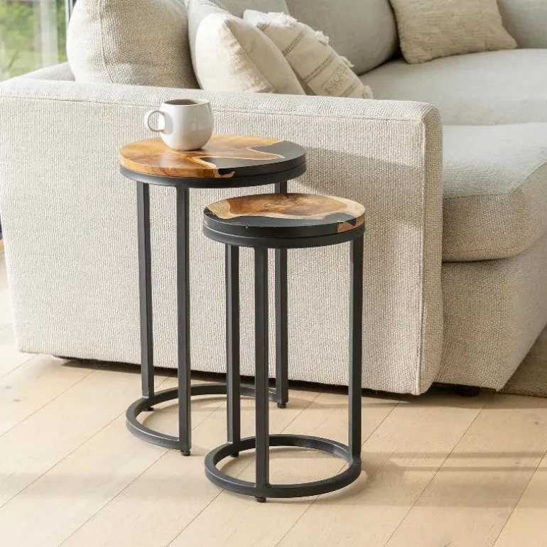 Round Wood Wave Nesting Tables, Set of 2