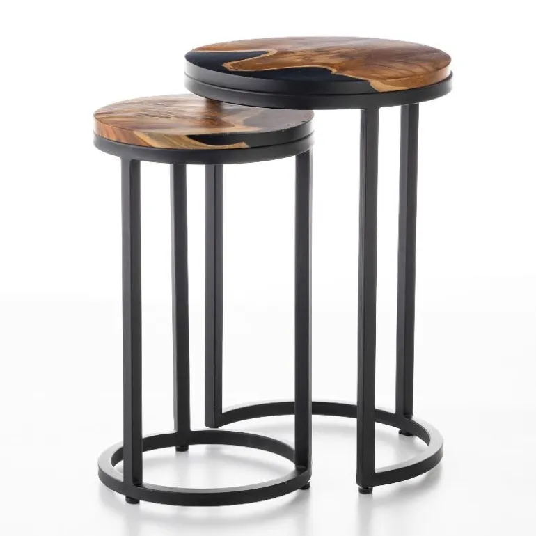 Round Wood Wave Nesting Tables, Set of 2