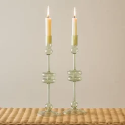 Sage Glass Candlestick Pair