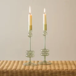 Sage Glass Candlestick Pair