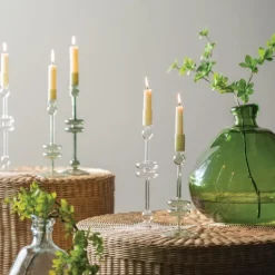 Sage Glass Candlestick Pair