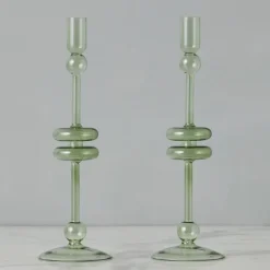 Sage Glass Candlestick Pair
