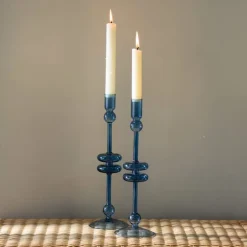 12" Sapphire Blue Glass Candlesticks, set of 2