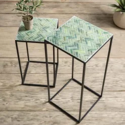 Set of 2 Green Herringbone Stone Mosaic Accent Stands