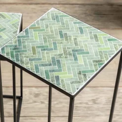 Set of 2 Green Herringbone Stone Mosaic Accent Stands