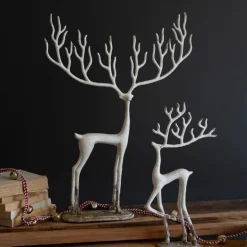 Set of 2 White Cast Iron Deer Sculptures